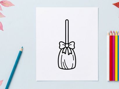 Halloween Hexenbesen-Symbol. Minimalistische Strichzeichnung einer magischen Besenstange.