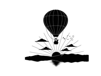 Hot air balloon silhouette flying over serene landscape at sunrise