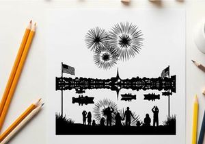Silhouette of people watching fireworks on a patriotic american cityscape