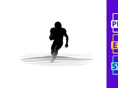 A football player running with the ball in a dynamic motion on the field