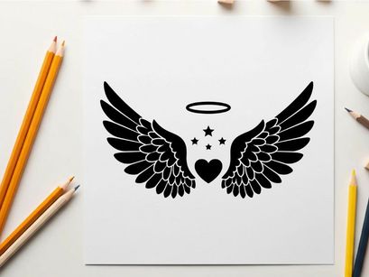Angel wings silhouette with halo and heart