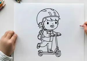 Child riding scooter with helmet vector illustration