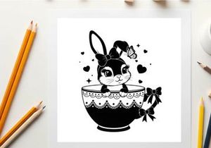 Adorable bunny silhouette in decorative teacup with butterfly