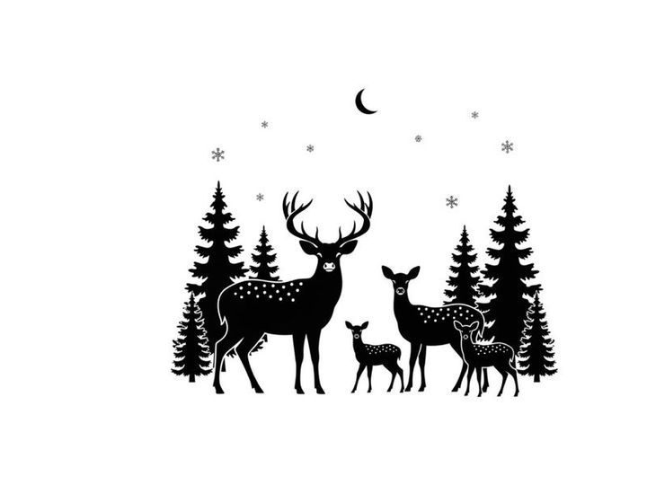 Deer family silhouette under starry night sky with trees