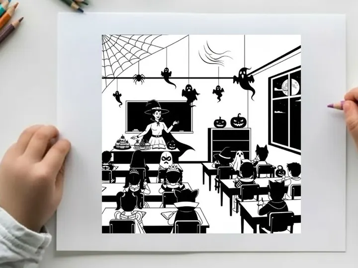Halloween classroom scene with witch and silhouette of students
