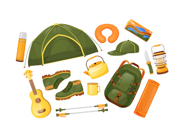 Camping gear flat color vector objects set preview picture