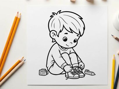 Cute boy tying shoelaces vector illustration flat design