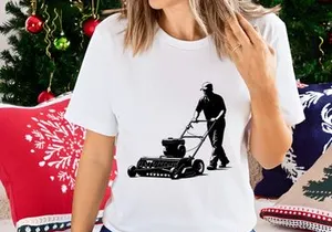 Man pushing a lawn mower on a plain background