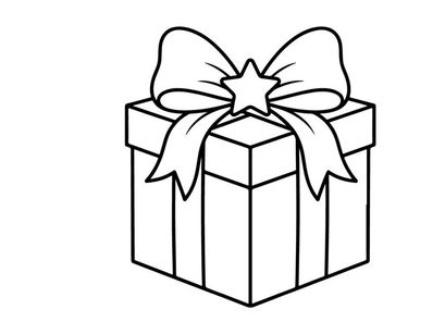 Weihnachtsgeschenkbox mit Stern-Schleifen-Symbol, einfache schwarze und weiße Strichkunst-Vektorgrafik