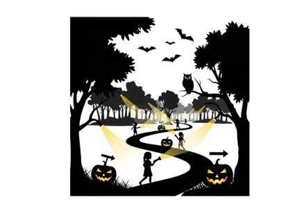Halloween silhouette of children trick or treating in a spooky forest with jack o lanterns