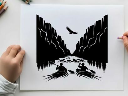 Kayakers in a canyon with a bird flying overhead silhouette