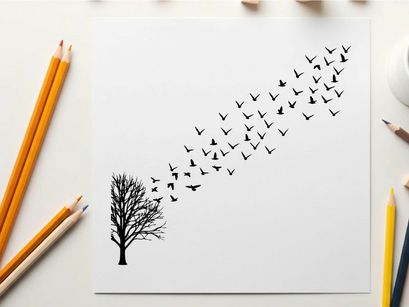 Silhouette of birds flying from tree on white and yellow background silhouette