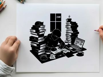 Silhouette of a person surrounded by books and technology in a cluttered workspace silhouette preview picture