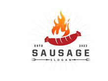 Sausage Logo, Vector Meat Fork and the Sausage Food