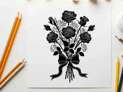 Silhouette of a bouquet of roses with a ribbon