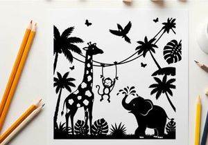 Silhouette of giraffe monkey elephant in tropical jungle scene
