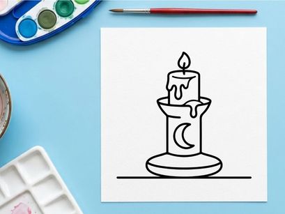 Single lit candle on a base for Halloween or spiritual rituals. Minimalist black and white candle illustration for spooky or mystical themes.