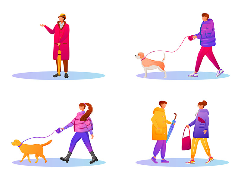 Walking people in gradient coats flat color vector faceless characters set
