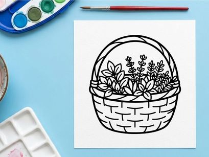 Cesta de Halloween desenhada à mão cheia de plantas verdes. Recipiente de vime assustador contendo ervas frescas e folhagem.