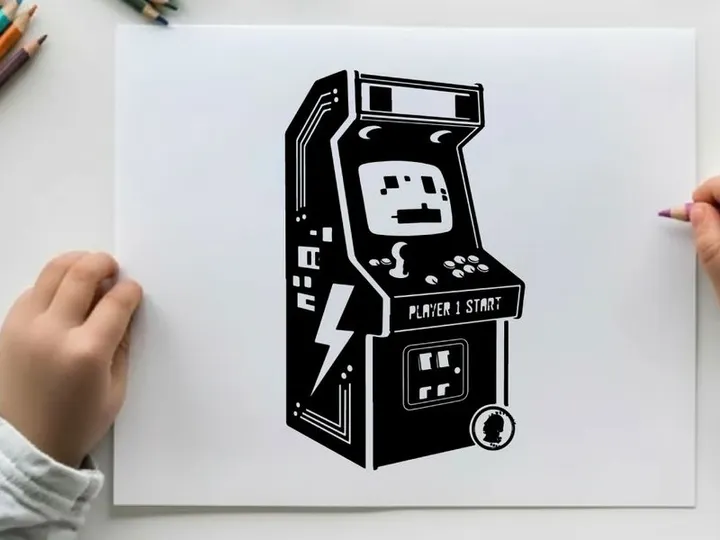 Silhouette of a classic arcade machine with player silhouette