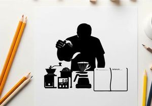 Silhouette of a person preparing coffee with various equipment