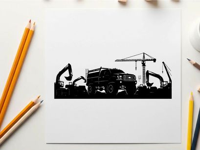 Construction site silhouette with excavators and crane