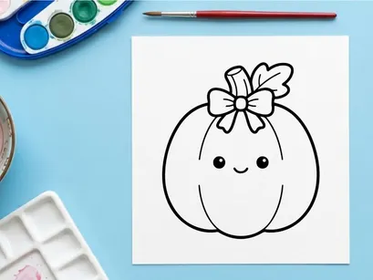 Cute smiling pumpkin with a bow for Halloween celebration. Friendly autumn squash character with floral ribbon decoration for festive fall designs.