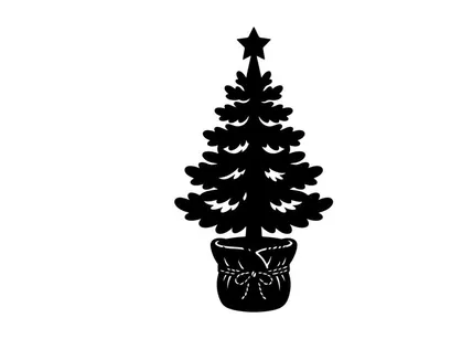 Black silhouette of a Christmas tree in a pot with a star topper on white background