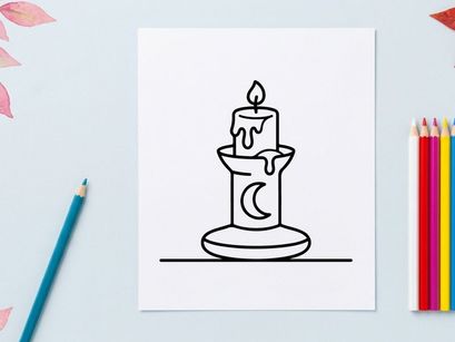 Single lit candle on a base for Halloween or spiritual rituals. Minimalist black and white candle illustration for spooky or mystical themes.