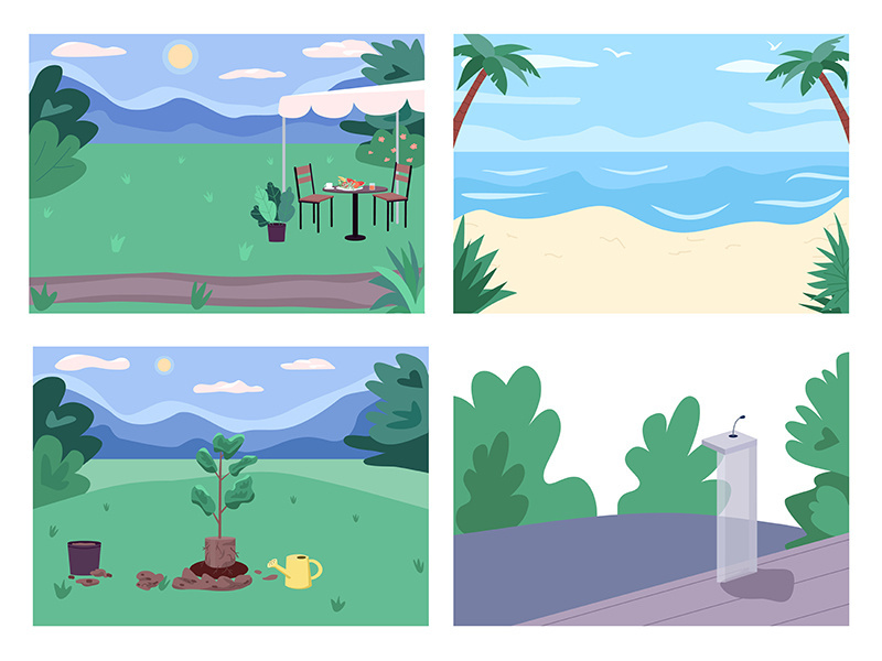 Public places flat color vector illustration set