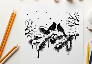 Silhouette of two birds on a snowy branch with bare trees and falling snow