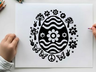 Black and white silhouette easter egg surrounded by flowers and symbols