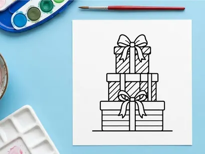 Pilha de caixas de presentes de Natal com fitas, ilustração em arte de linha preto e branco.