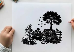 Silhouette of a tree and wheelbarrow in a garden
