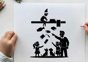 Silhouette of a teacher and students with falling books and a dog