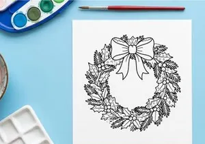 Weihnachtskranz-Linienkunst-Illustration mit Stechpalmenblättern und einer dekorativen Schleife