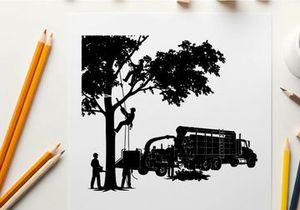 Silhouette of tree removal service workers with truck and equipment
