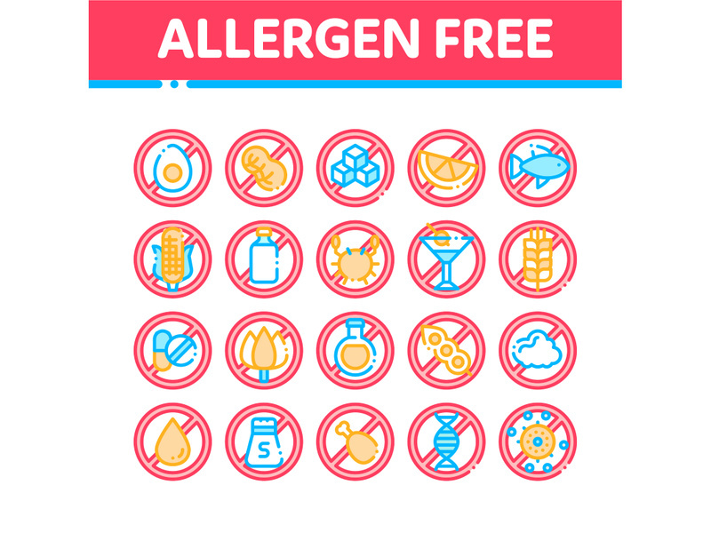Allergen Free Products Vector Thin Line Icons Set