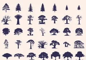 Silhouettes Trees Set, Pine Tree fir pruce cedar white patch alder elm birch ash cypress beech palm tree.