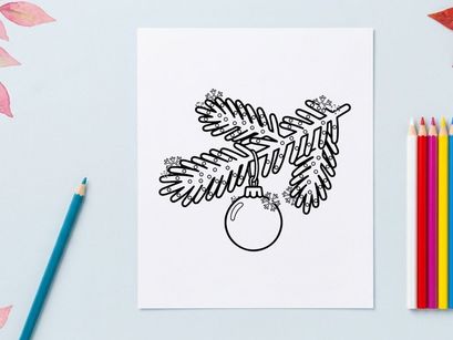 Cabang pohon Natal dengan hiasan gantung, ilustrasi seni garis yang meriah.