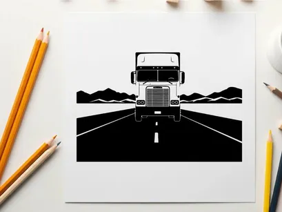 Silhouette of a semi truck on a desert highway