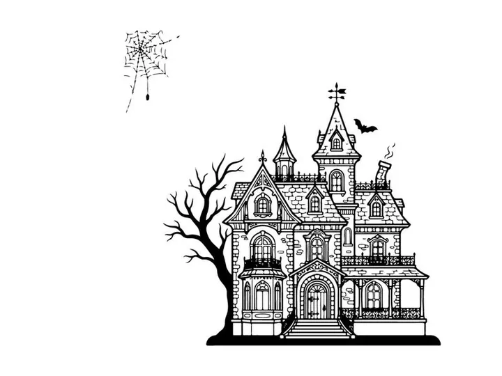 Haunted Victorian mansion illustration for gothic storytelling. Spooky vintage house drawing with intricate architectural details and eerie atmosph...