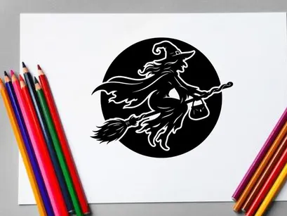 Black witch riding broomstick in moonlit night with silhouette style