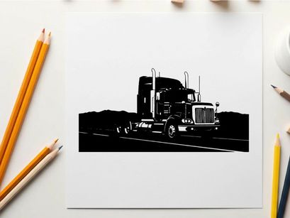 Silhouette of a semi truck driving on a highway with mountains