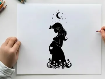 Pregnant woman silhouette under crescent moon and stars preview picture