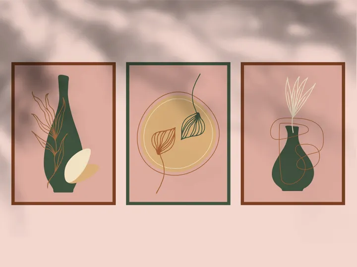 Conjunto de pósteres botánicos abstractos. Conjunto de fondos de naturaleza contemporánea, estética bohemia, decoración de pared minimalista boho. Ilustración vectorial.