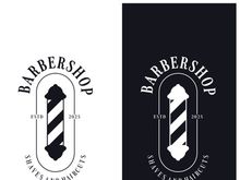 Barbershop logo vintage, retro, haircut, shaving, with scissors, shaving pole, comb, razor. for business, emblems, labels, barber shops, badges.