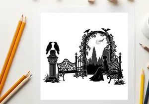 Silhouette of woman sitting by ornate gate with eagle and trees