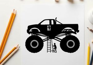 Silhouette of a monster truck with a person climbing