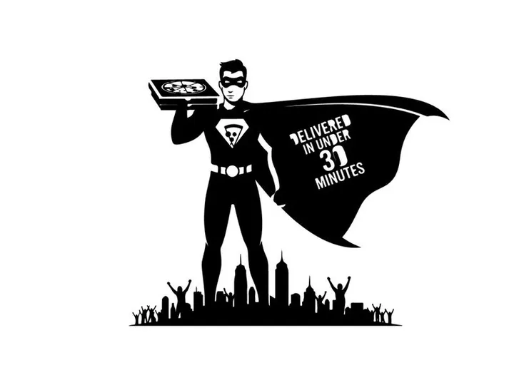 Superhero silhouette delivering food in 30 minutes guaranteed